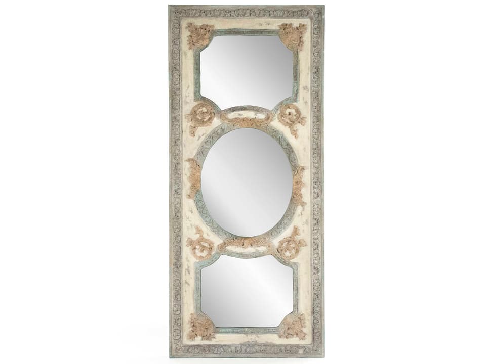 Theon Distressed Floor Mirror in Sage Green and Antique Cream