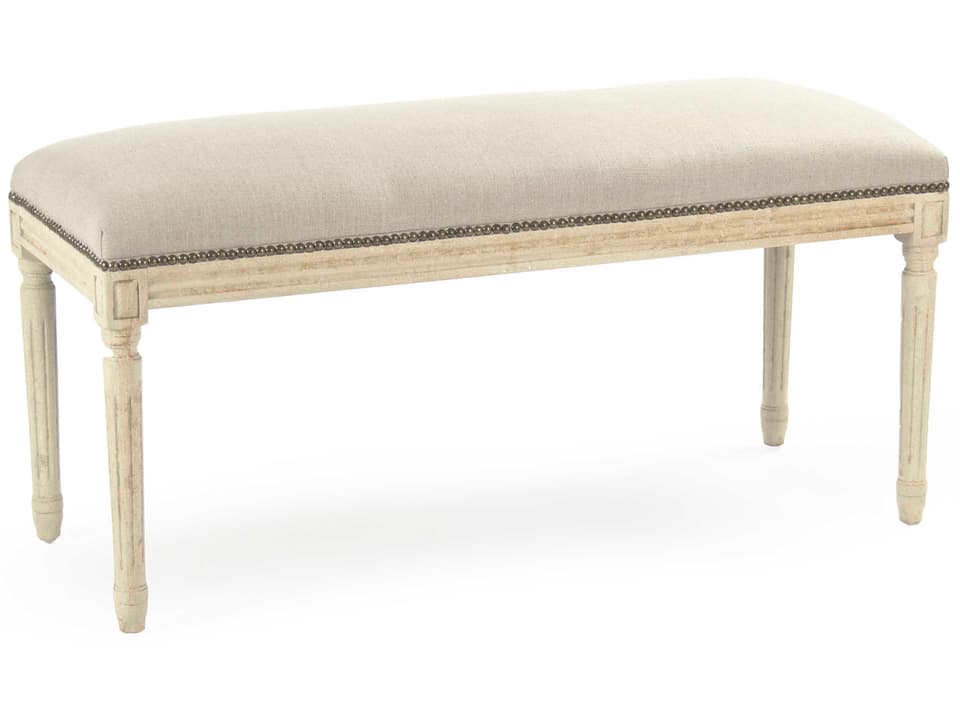 Lille Distressed Off White Accent Bench with Natural Linen Upholstery and Nailhead Trim