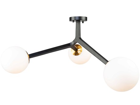Artcraft Ravello 3-Light Black Harvest Brass Glass LED Globe Round Semi Flush Mount
