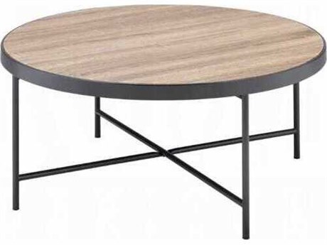 Acme Furniture Bage Round Wood Weathered Gray Oak Metal Coffee Table