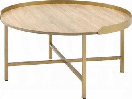 Acme Furniture Mithea Round Wood Oak Table Top Gold Coffee