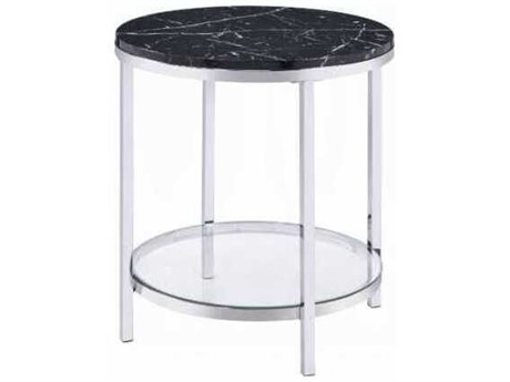 Acme Furniture Round Faux Marble Black Engineered Stone Chrome End Table