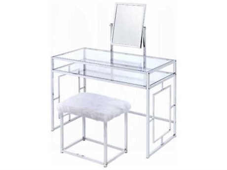 Acme Furniture White Faux Fur Chrome Vanity Table