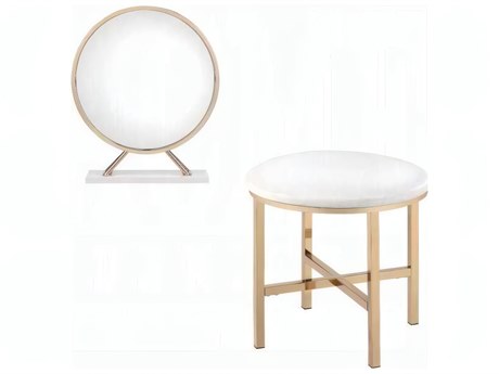 Acme Furniture Midriaks Synthetic Leather White Gold Round Dresser Mirror