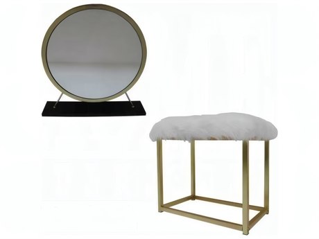 Acme Furniture Adao Faux Fur Mirror Black Brass White Upholstered Accent Stool