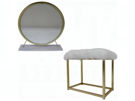 Acme Furniture Adao Faux Fur Mirror White Brass Upholstered Accent Stool