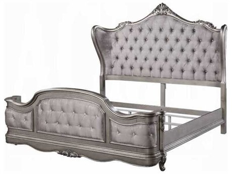 Acme Furniture Ariadne Velvet Antique Platinum Silver Birch Wood Upholstered King Panel Bed