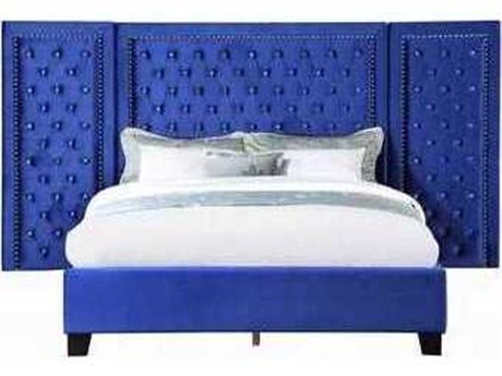 Acme Furniture Damazy Blue Velvet Plywood Upholstered King Platform Bed