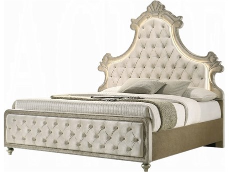 Acme Furniture Lucienne Beige Velvet Rubberwood Upholstered King Panel Bed