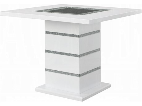 Acme Furniture Elizaveta Square Glass Faux Crystal Diamonds White High Gloss Dining Table