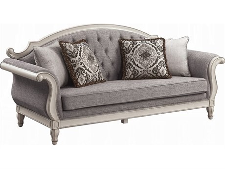 Acme Furniture Florian Gray Fabric Antique White Upholstered Sofa