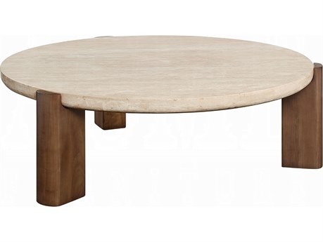 Acme Furniture Leonardo Round Stone Travertine Top Dark Oak Coffee Table