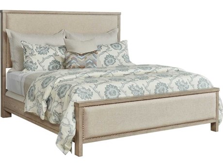 American Drew West Fork Jacksonville Aged Taupe Brown Elm Wood Upholstered Queen Panel Bed