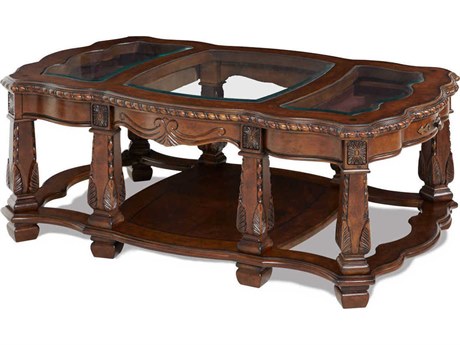 Michael Amini Windsor Court Rectangular Glass Vintage Fruitwood Cocktail Table
