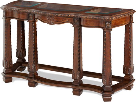 Michael Amini Windsor Court Demilune Glass Vintage Fruitwood Console Table