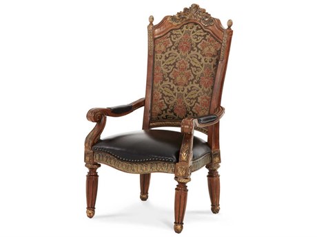 Michael Amini Villa Valencia Leather Birch Wood Beige Upholstered Arm Dining Chair