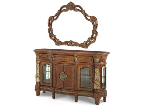Michael Amini Villa Valencia 72" Birch Wood Classic Chestnut Sideboard with Mirror Set