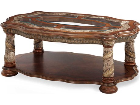 Michael Amini Villa Valencia Oval Glass Classic Chestnut Cocktail Table
