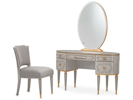 Michael Amini St. Charles Poplar Wood Vanity Table with Mirror and Chair Set