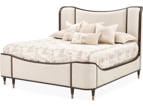 Michael Amini Camellia Field Pecan Warm Beige Poplar Wood Upholstered Queen Panel Bed
