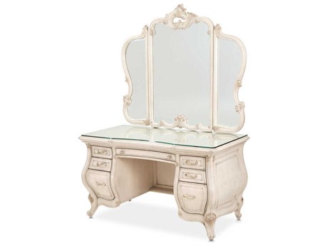 Michael Amini Platine De Royale Champagne Poplar Wood Vanity Table with Mirror Set