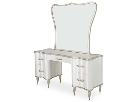 Michael Amini London Place Creamy Pearl Poplar Wood Vanity Table with Mirror Set