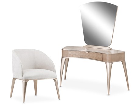 Michael Amini Malibu Crest Birch Wood Vanity Table Set With Mirror & Chair