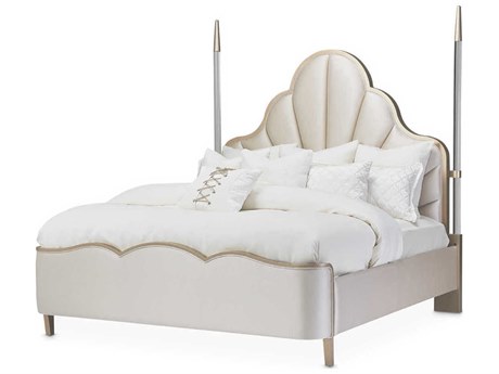 Michael Amini Malibu Crest Porcelain White Birch Wood Upholstered California King Poster Bed