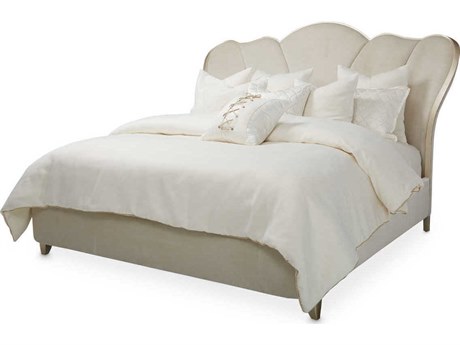 Michael Amini Villa Cherie Caramel Pearl White Birch Wood Upholstered California King Panel Bed