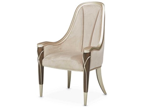 Michael Amini Villa Cherie Hazelnut Birch Wood Beige Velvet Upholstered Arm Dining Chair
