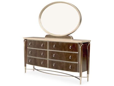 Michael Amini Villa Cherie - Hazelnut 6-Drawers Brown Birch Wood Double Dresser and Mirror Set