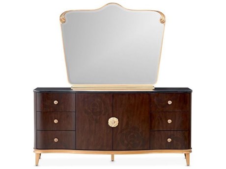 Michael Amini Camellia Field 6-Drawers Brown Poplar Wood Warm Pecan Dresser with Mirror