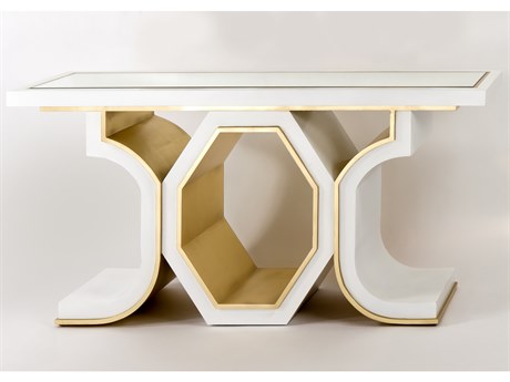 Artmax 62" Rectangular Glass White Gold Leaf Console Table
