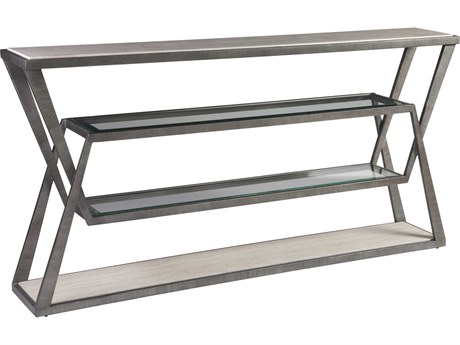 Artistica Signature Designs Adamo Rectangular Stone White Vein Travertine Ribbed Silver Leaf Console Table