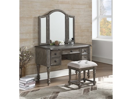 Avalon Furniture Grey Poplar Wood Vanity Table with Mirror and Stool