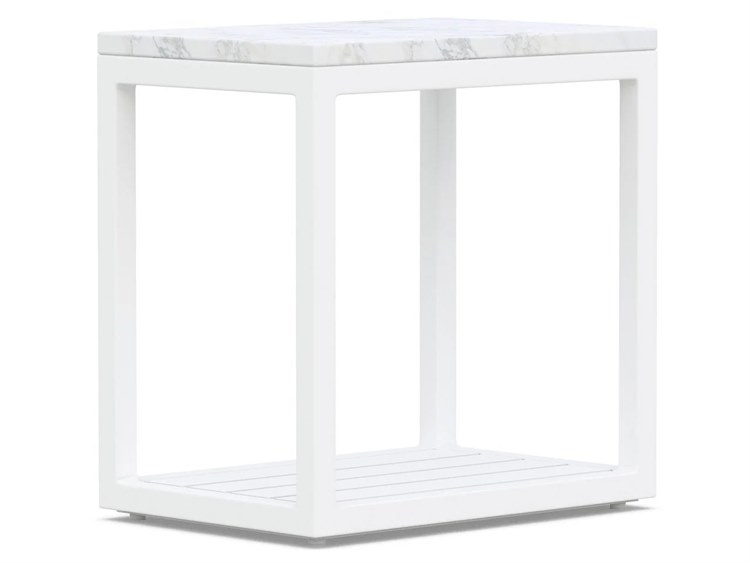 Azzurro Living Seaview Matte White Aluminum Rectangular Marble Top Outdoor Patio Side Table