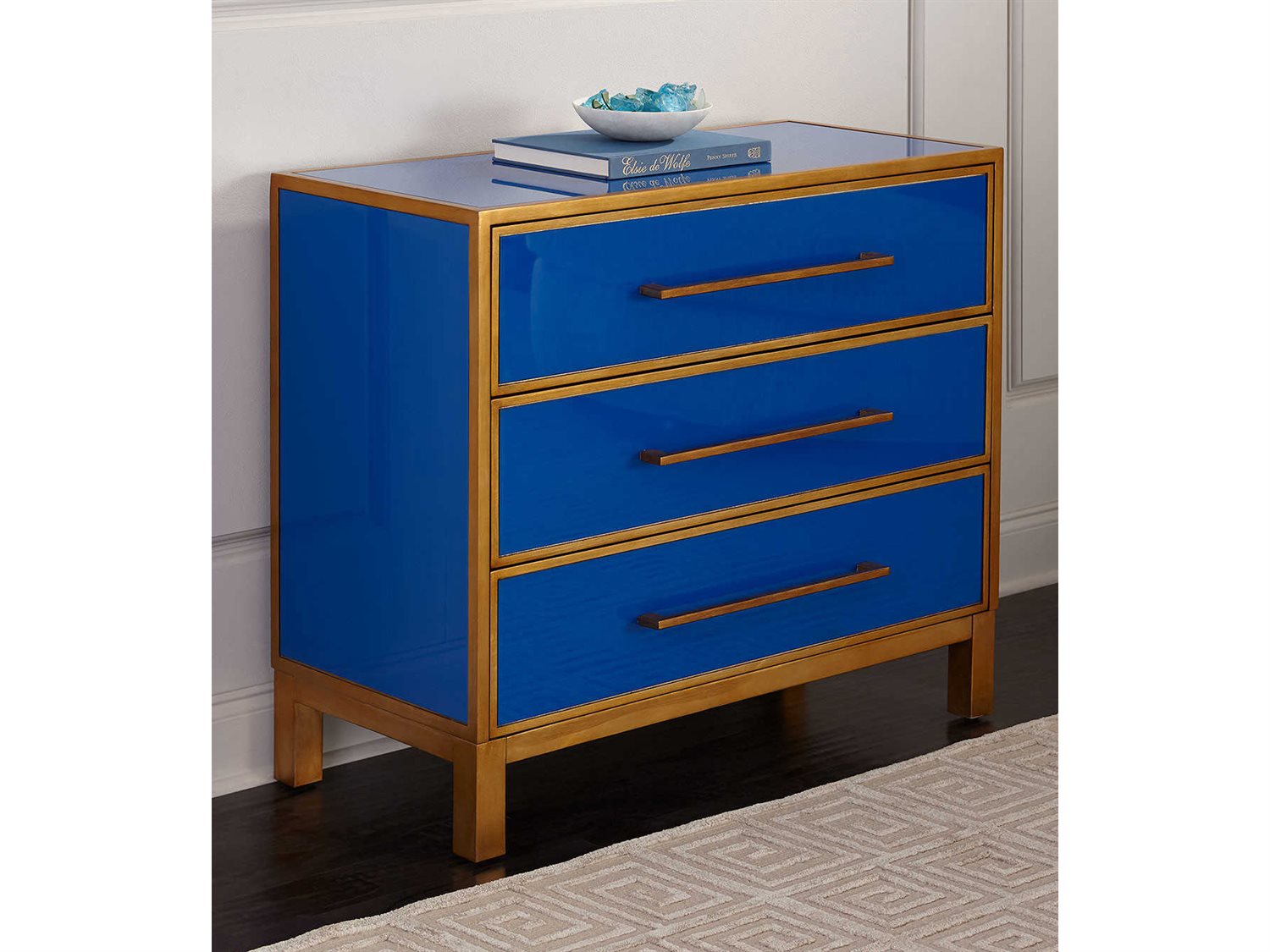 Bassett Mirror Fenwick Royal Blue, Gold Accent Dresser