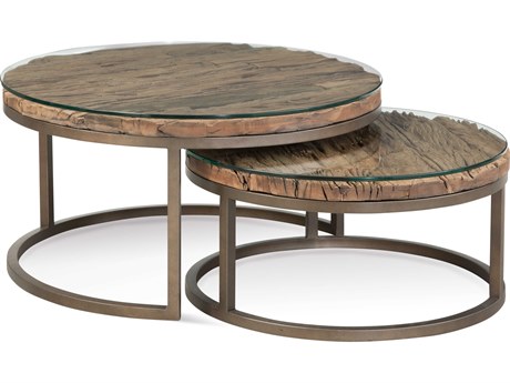 Bassett Mirror Cambria Round Glass Bronze Reclaimed Wood Coffee Table