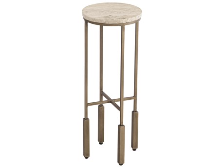 Bassett Mirror Lucia 8" Round Stone Antique Brass And Beige Travertine End Table
