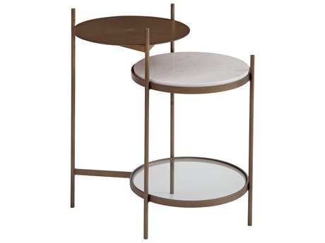 Bassett Mirror Felicity Round Metal Brushed Gold White Marble Tempered Glass End Table