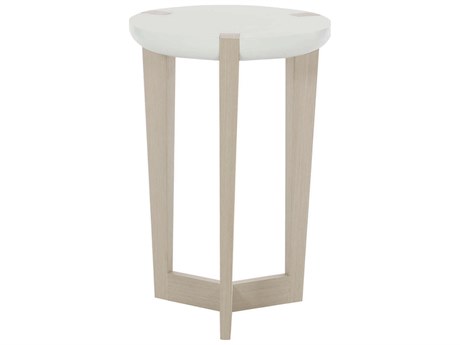 Bernhardt Axiom Round Wood Linear Gray White Linen Plaster Chairside Table
