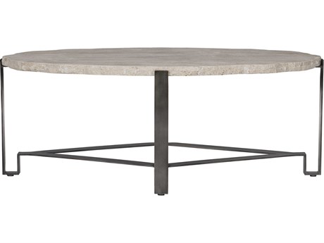 Bernhardt Sayers Oval White Travertine Stone Bronze Cocktail Table