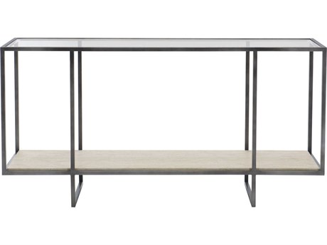 Bernhardt Freestanding Occasional Harlow Rectangular Glass Bronze White Travertine Stone Clear Console Table