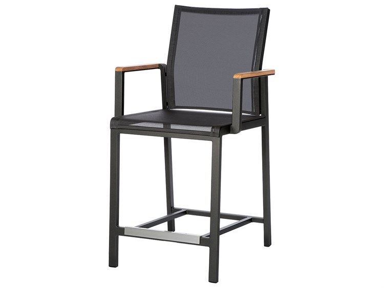 Barlow Tyrie Aura Counter Height Armchair - Graphite Aluminum Frame - Natural Teak Arms - Charcoal Textilene Sling