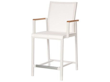 Barlow Tyrie Aura Counter Height Armchair - Arctic White Aluminum Frame - Natural Teak Arms - Pearl Textilene Sling
