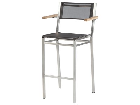 Barlow Tyrie Equinox Bar Stool - Natural Teak Arms - Charcoal Textilene Sling