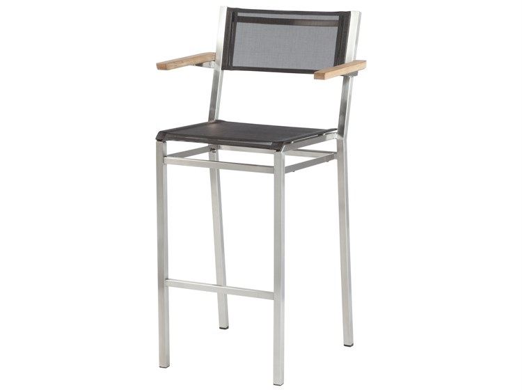 Barlow Tyrie Equinox Bar Stool - Natural Teak Arms - Charcoal Textilene Sling
