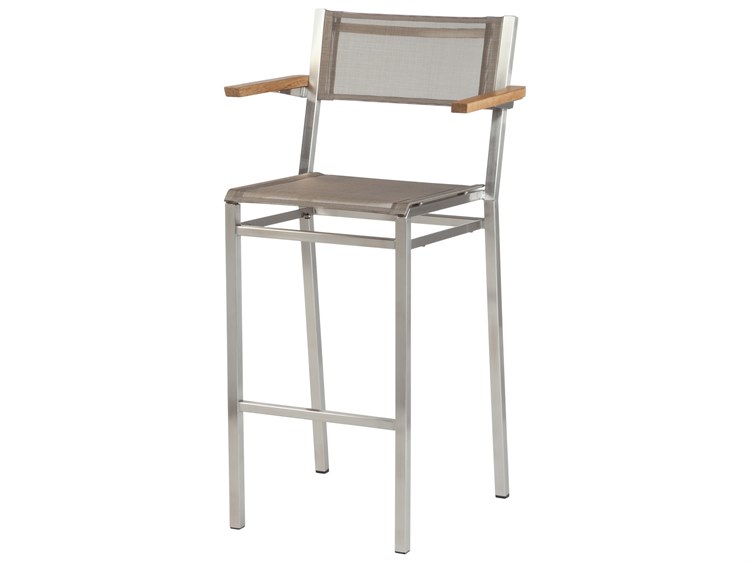 Barlow Tyrie Equinox Bar Stool - Natural Teak Arms - Titanium Textilene Sling
