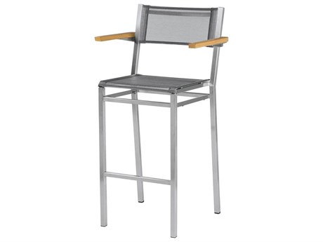 Barlow Tyrie Equinox Bar Stool - Natural Teak Arms - Platinum Textilene Sling