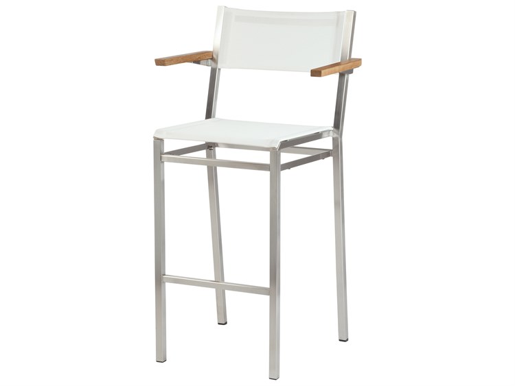 Barlow Tyrie Equinox Bar Stool - Natural Teak Arms - Pearl Textilene Sling